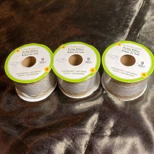 Three Rolls of Burlap and White Lace Ribbon